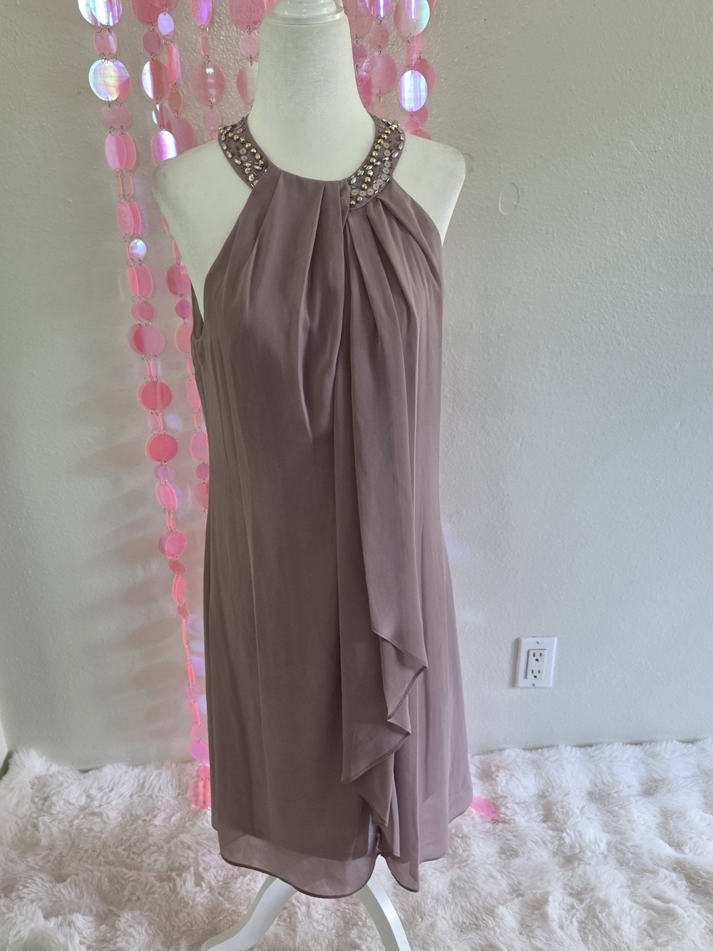 SLNY Mauve Taupe Beaded Halter Midi Dress